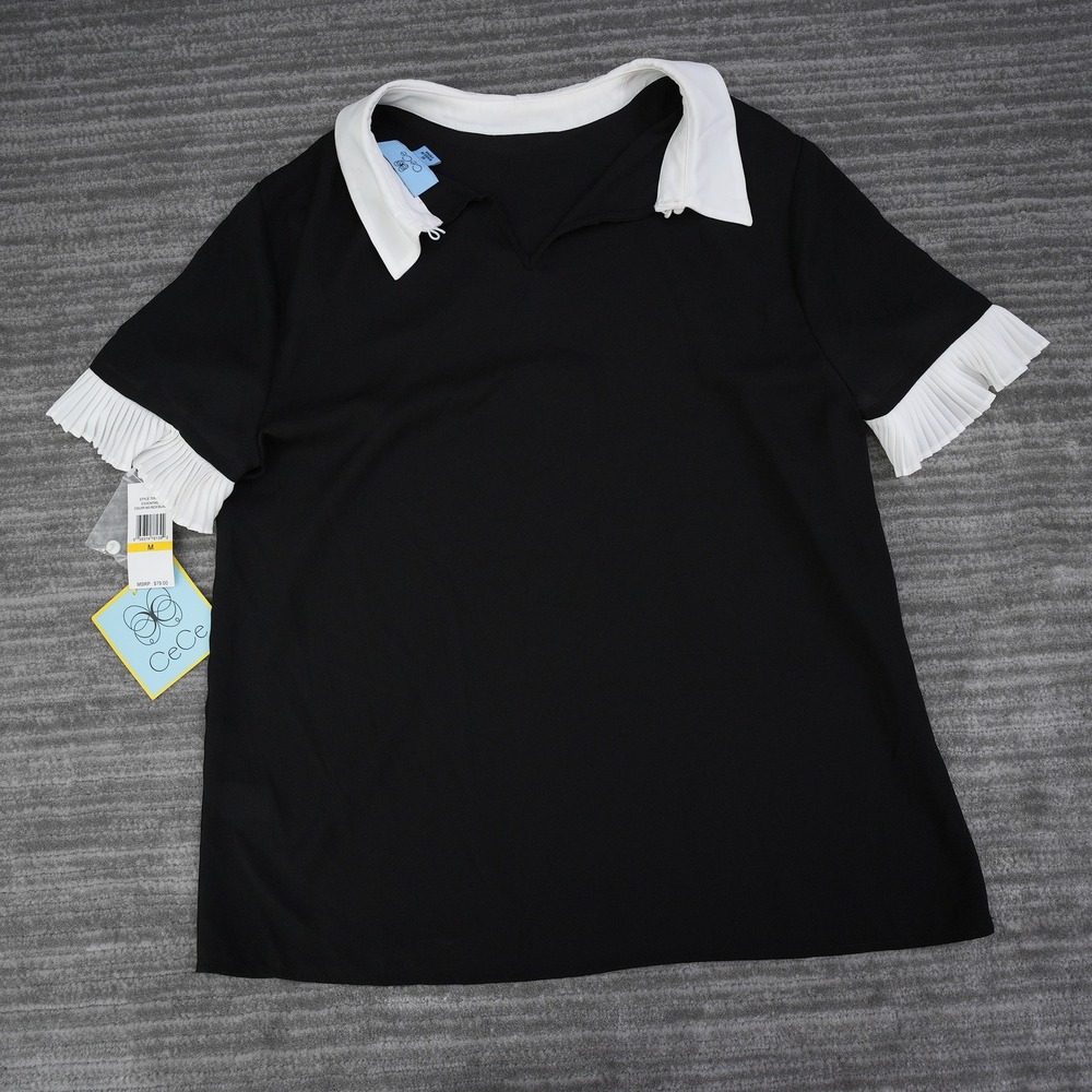 CeCe Essentials Black Short Sleeve Blouse White Contrast Collar Pleated Cuff M